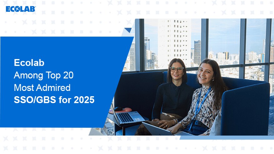 A photo of two female employees smiling, with a blue banner design that says &quot;Ecol 