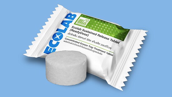 Ecolab ReadyDose Sustained Release Tablet with packaging and a white cleaning tablet